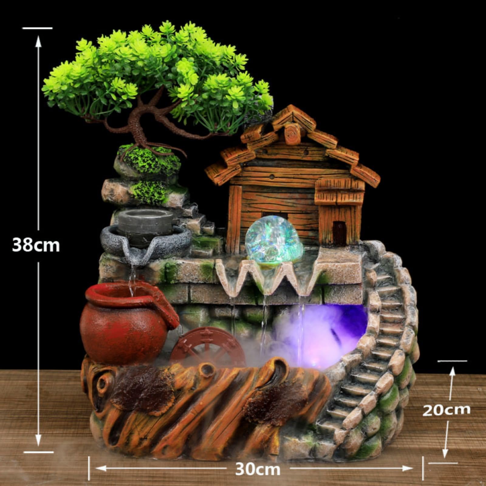 Fuente de habitación con iluminación LED, cascada con niebla y plantas, fuente de mesa grande