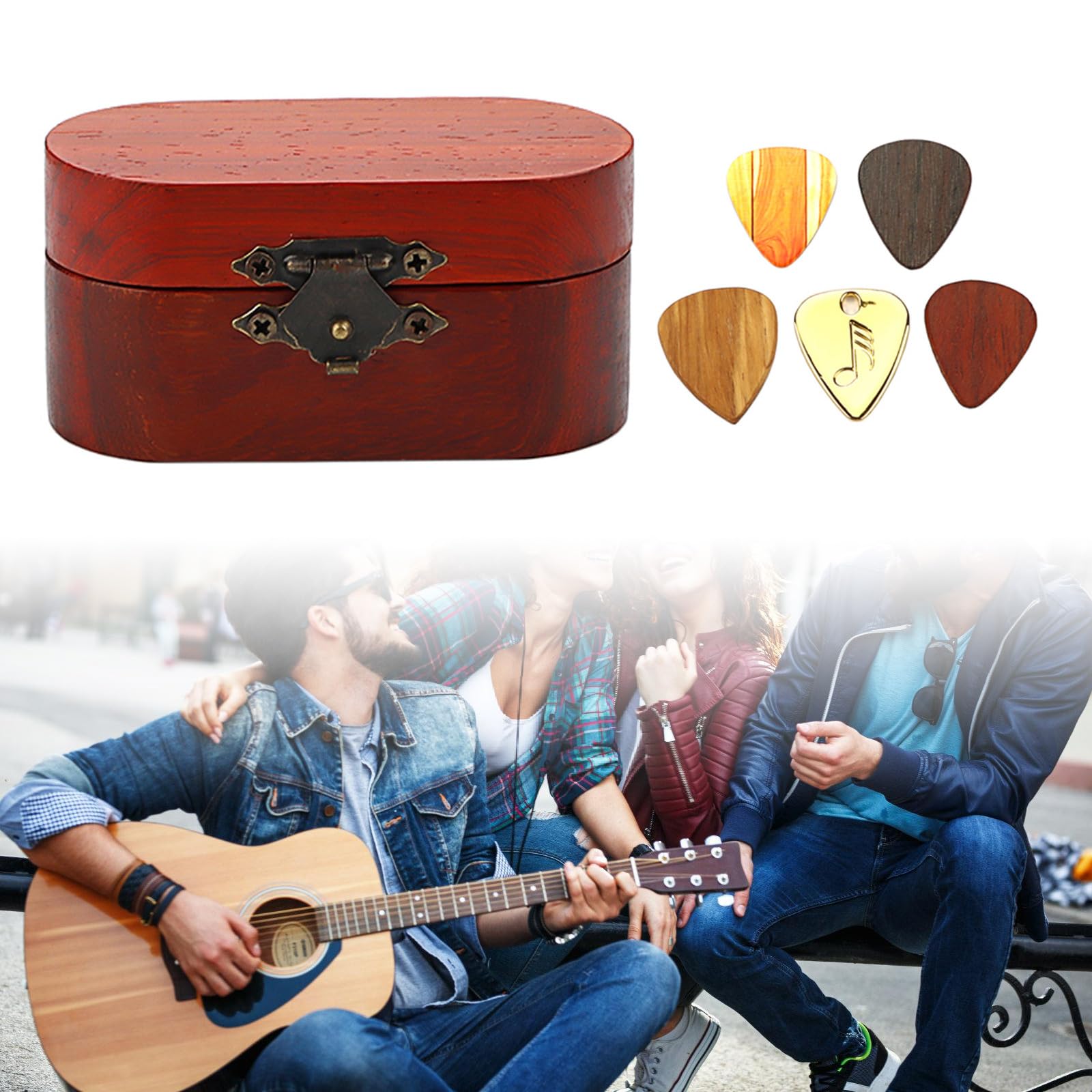 Caja de almacenamiento de madera para púas de guitarra, portátil, con 5 púas de guitarra para guitarristas