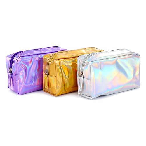 Miniatura 4 de Bolsa de maquillaje holográfica de piel sintética, bolsa de cosméticos, impermeable, organizador de artículos de tocador, bolsa para bolígrafos para