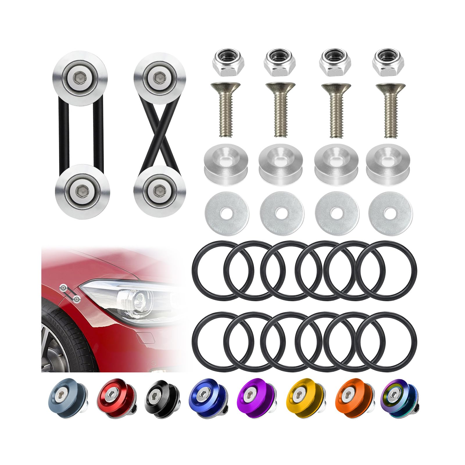 BFXM Universal Bumper Clips, Front Rear Bumper Quick Release Kit, Bumper Holders for Cars (4 Silver Bumper Quick Release Tabs and 12 Customized O-Rings)
