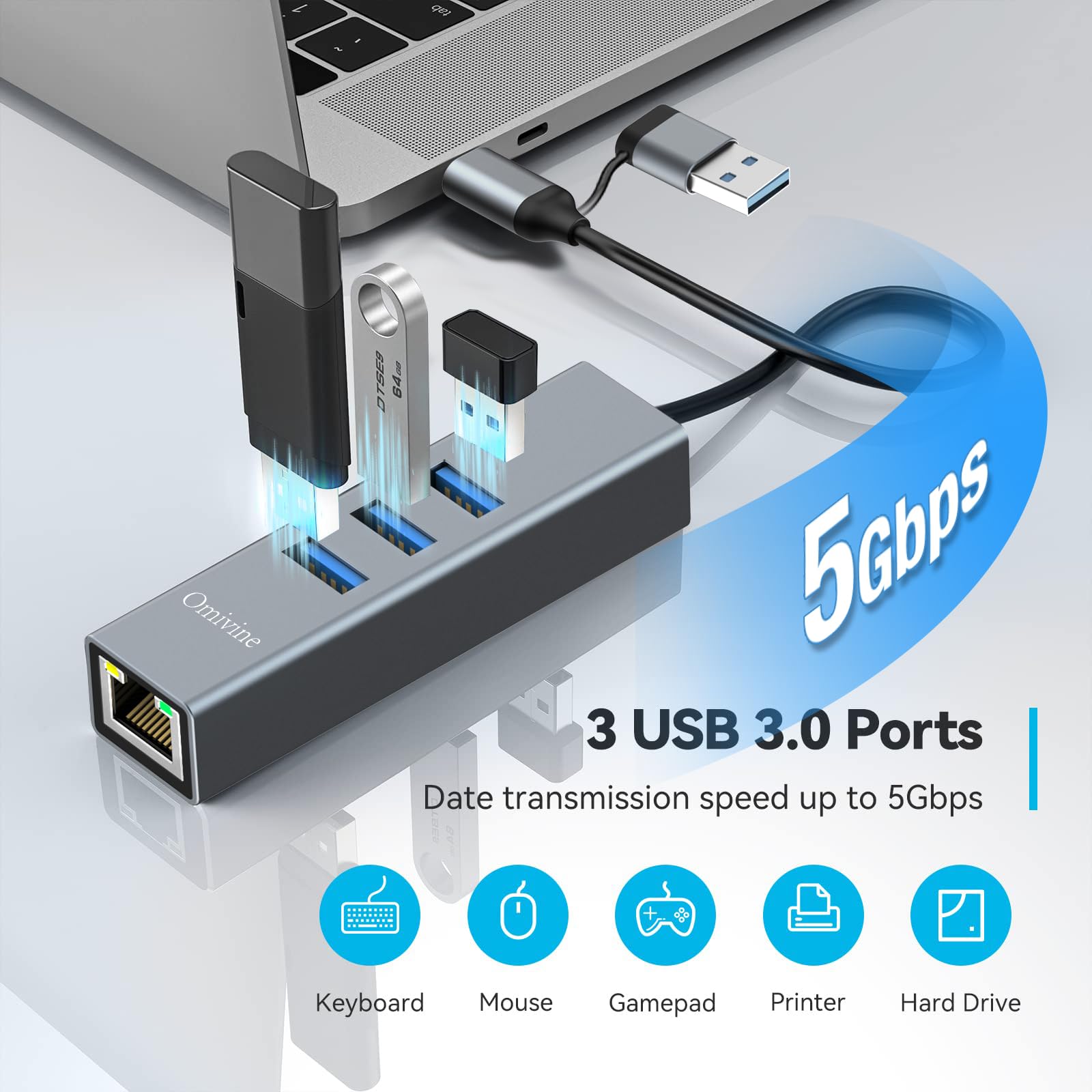 Hub USB 3.0 E USB C A Ethernet - 5 In 1 Con 3 Porte USB E RJ45 Gigabit - Foto 14