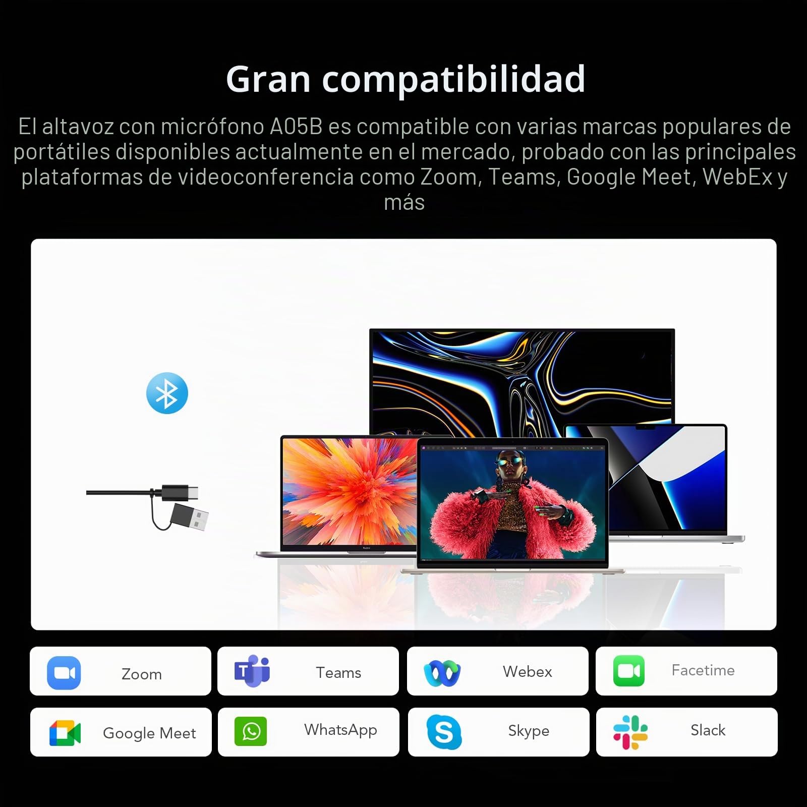 Nuroum A05B Altavoz Bluetooth Conferencias con Microfono USB, Captación de Voz 360°Cancelación de Ruido, Plug&Play, Altavoz Portátil para PC/Oficina en Casa/Portátil/Reunión, Compatible con Zoom/Teams