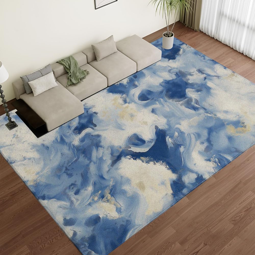 Tapis de salon 3D marbre bleu lavable, grand tapis de sol antidérapant doux pour chambre