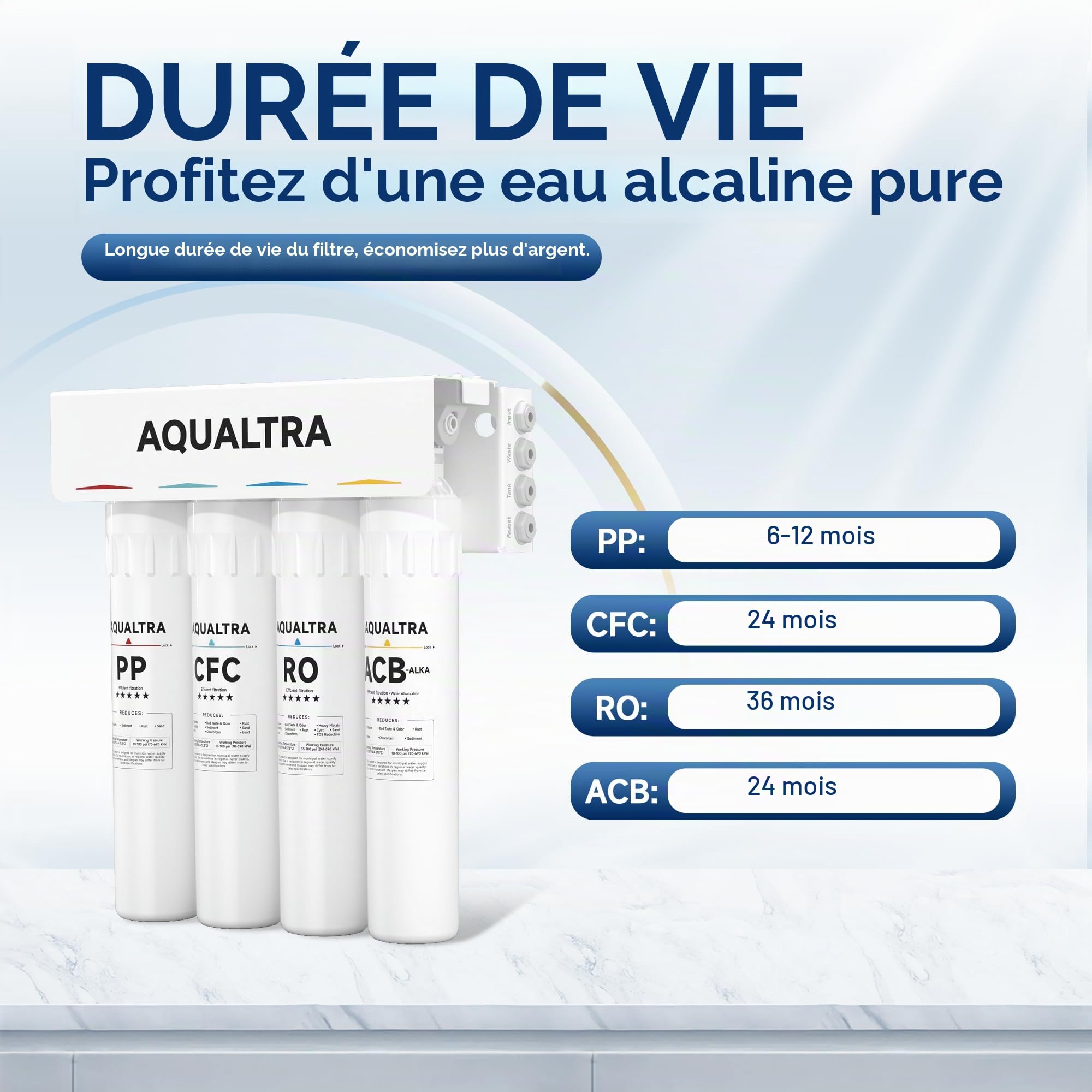 AQUALTRA USF-4RF-100 Filtre à Eau Sous Évier Osmose Inverse 0,0001μm - 100GPD - Robinet avec - Rapport pur/eaux usées 3:1 - Réservoir - Installation Rapide