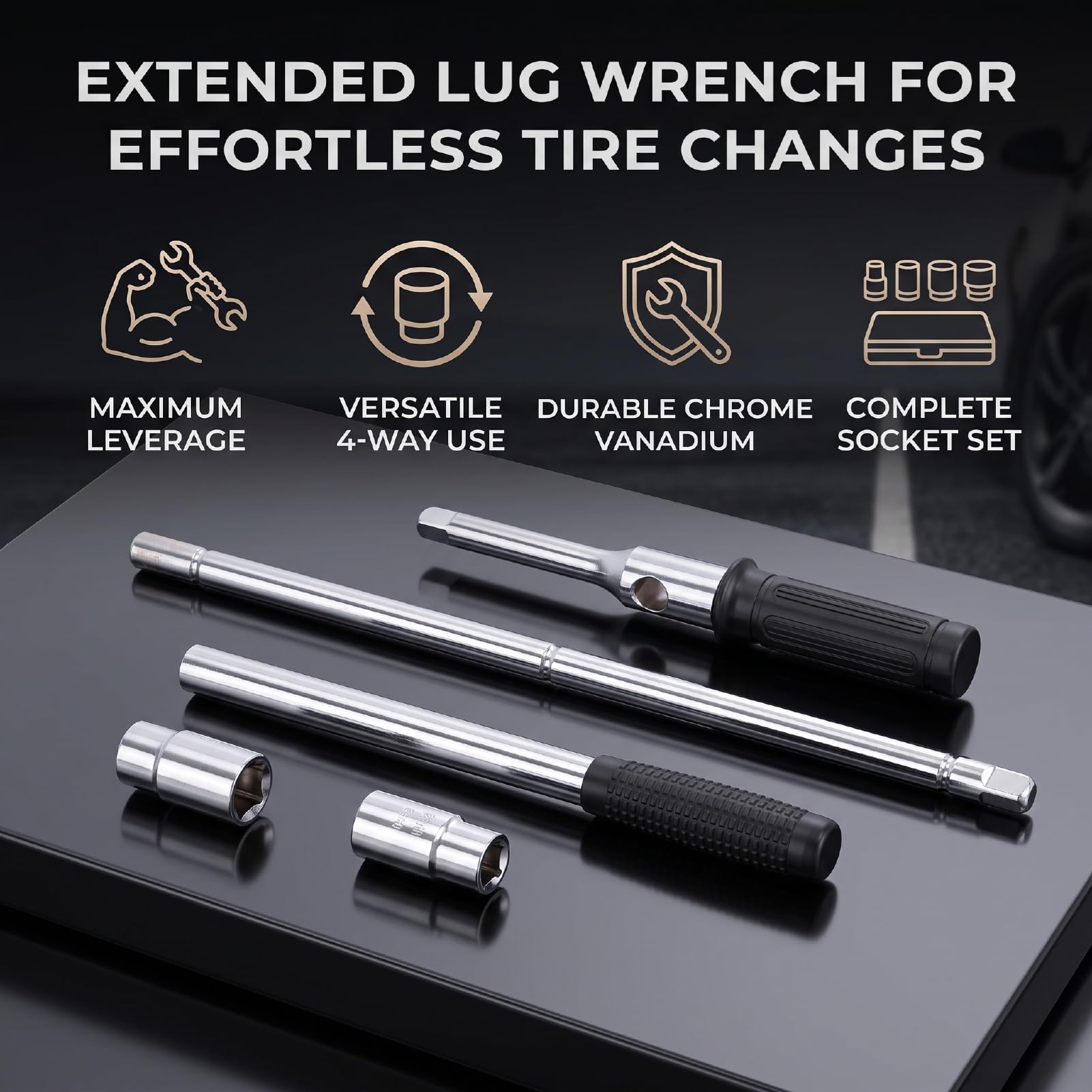 Extended Lug Wrench with 280mm Extension Bar | Stal chromowo-wanadowa poddana obróbce cieplnej, Uniwersalna do sedanów i SUV-ów, Zawiera 4 gniazda
