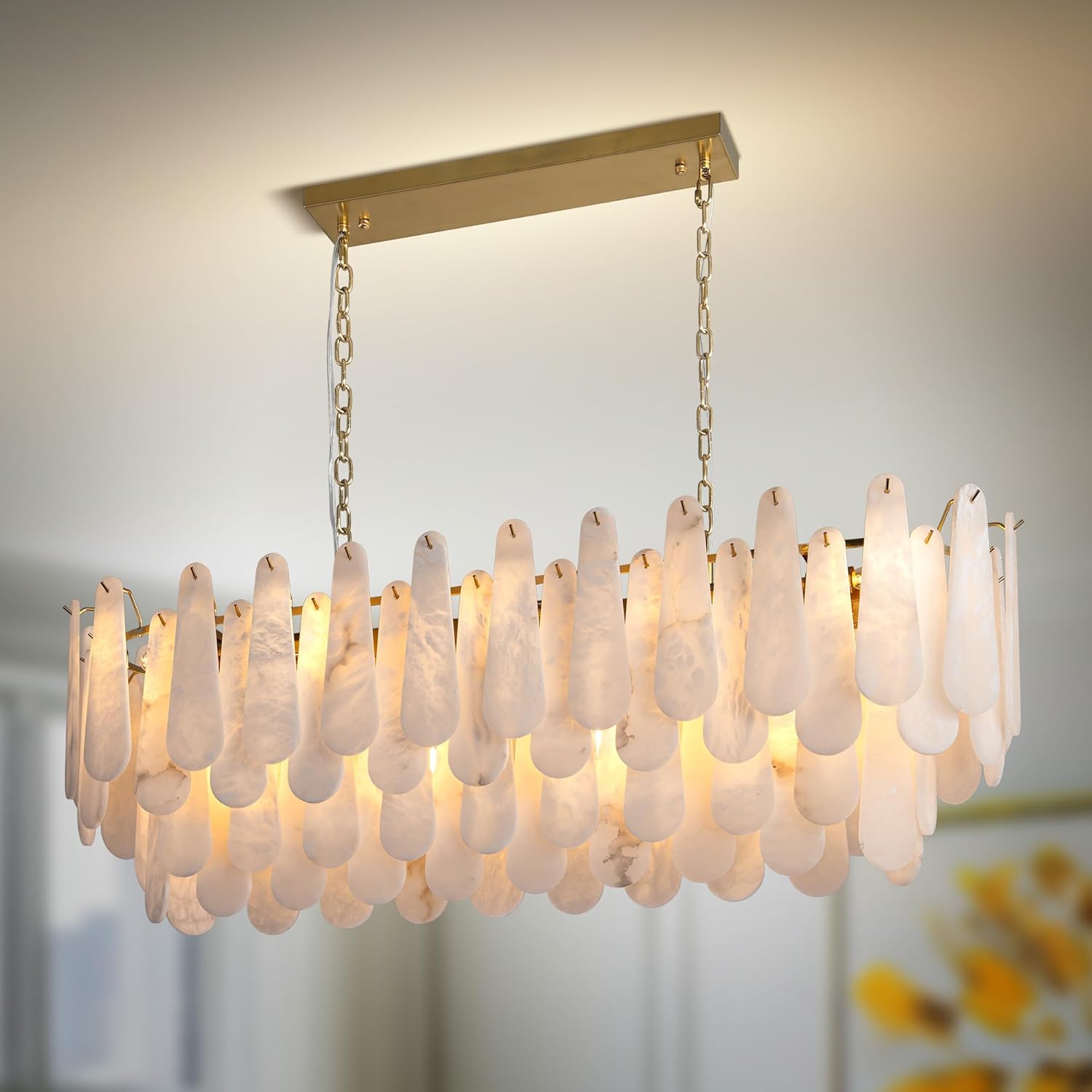 Chandeliers for Dining Room, L47.2 in Modern Alabaster Rectangle Brass Chandelier, 4-Tiers Luxury Natural Stone Ceiling Light Fixture, White Marble Chandeliers for Kitchen Island Living Room Bedroom