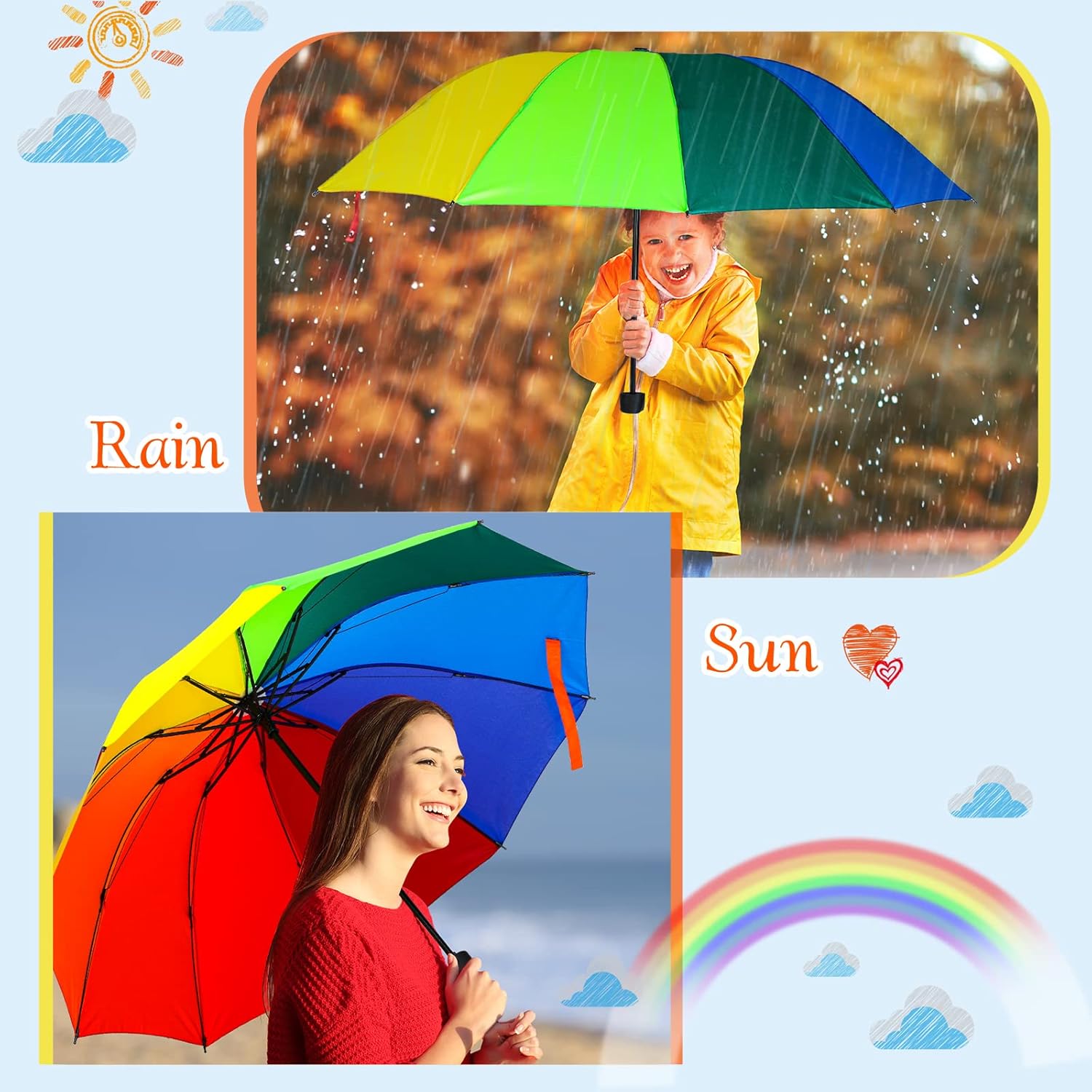 Cunno 12 Pc Rainbow Umbrella Portable Tri Folded Pride Umbrella Windproof Compact Rain Parasol for Travel Beach Wedding Party