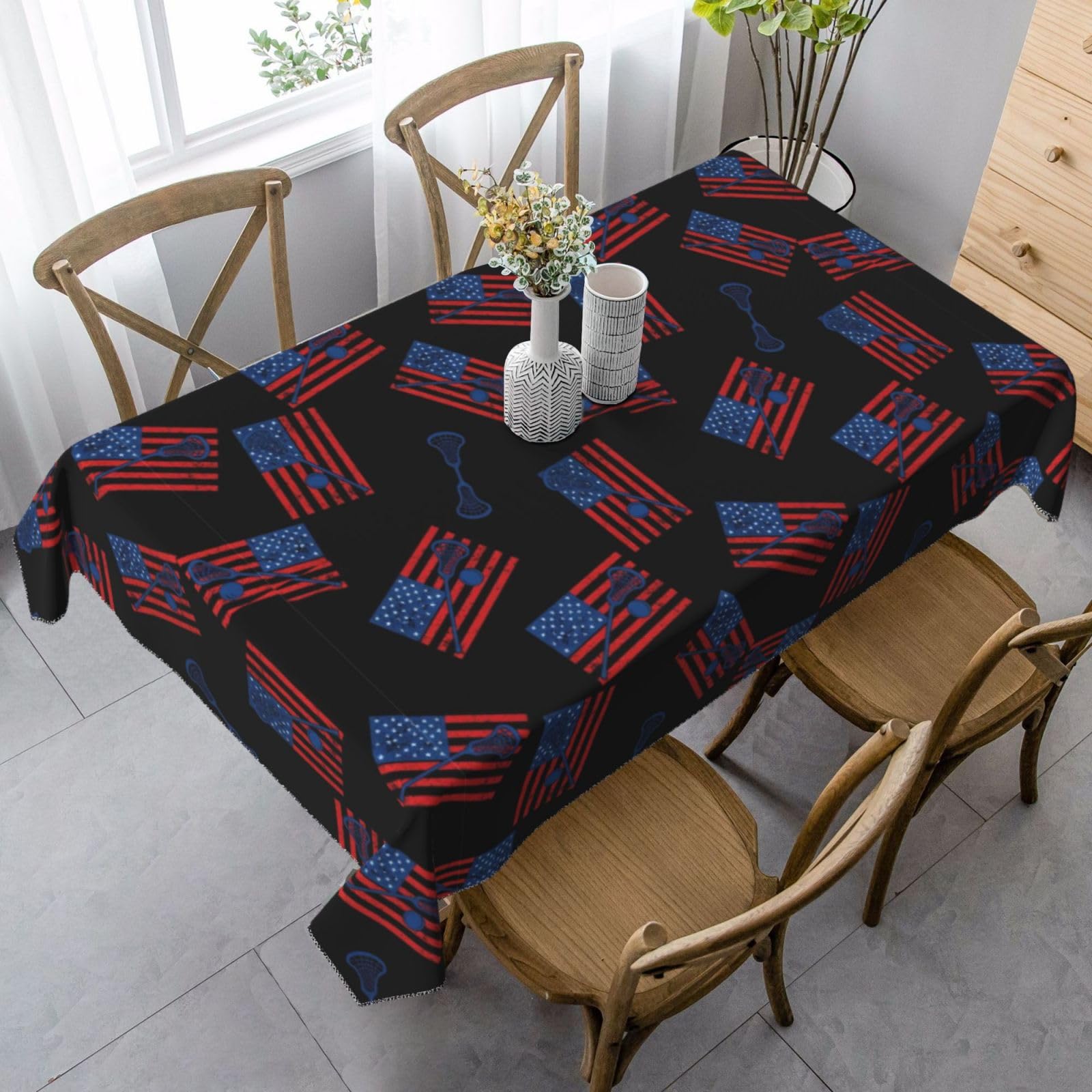 Nappe crosse stickball USA drapeau américain noir 137x183 cm rectangulaire pour table de jardin