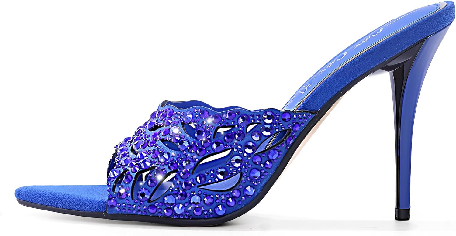 Women Stiletto Mules High Heel Rhinestone Cutout Heeled Sandals Open Pointed Toe Sandals Mules Slip On Party Wedding Shoes - Image 4
