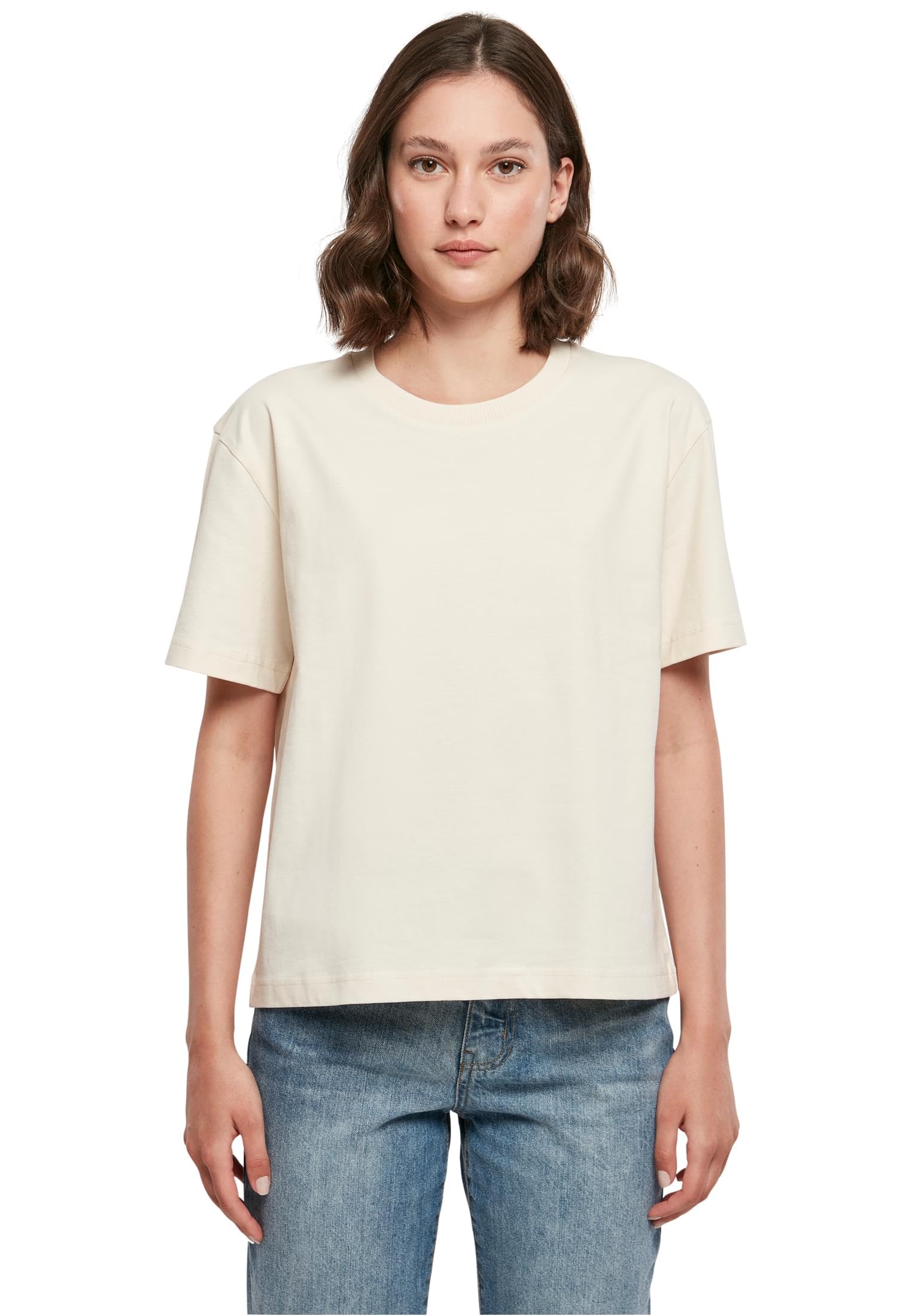 Build your Brand Women's T-Shirt Ladies Everyday Tee Casual T-Shirt for Women in Oversized Look Cotton Sizes XS - 5XL, Whitesand., M