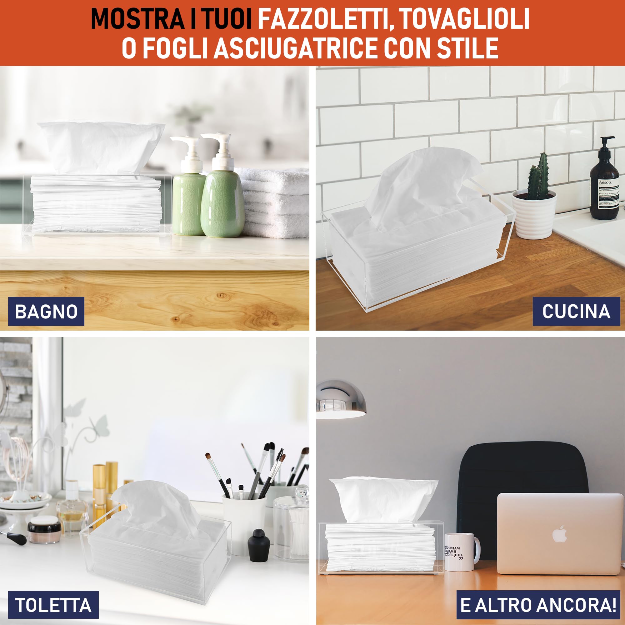 Scatola Porta Fazzoletti Rettangolare in Acrilico, per Tessuti Viso, Tovaglioli, Perfetta per Bagno, Scrivania, Controsoffitti, Vanità, Camera da Letto, Comodini (Rettangolo, Trasparente)