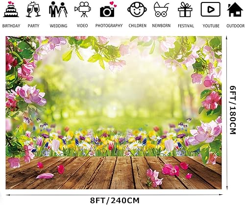 Miniatura 2 de Alltten Telón de fondo de primavera de 8 x 6 pies con flores rosas de primavera, telón de fondo de fotografía, telón de fondo de naturaleza, piso de