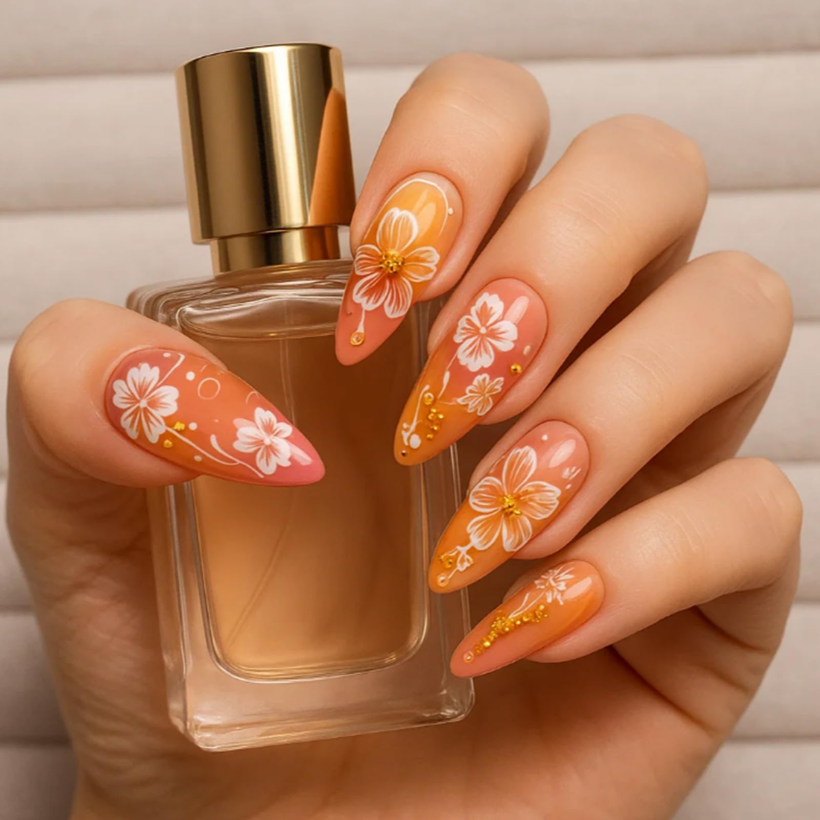 Glossy Almond Gradient Pink Orange Artificial Nails with Floral Glitter Rhinestone Accents - Image 2