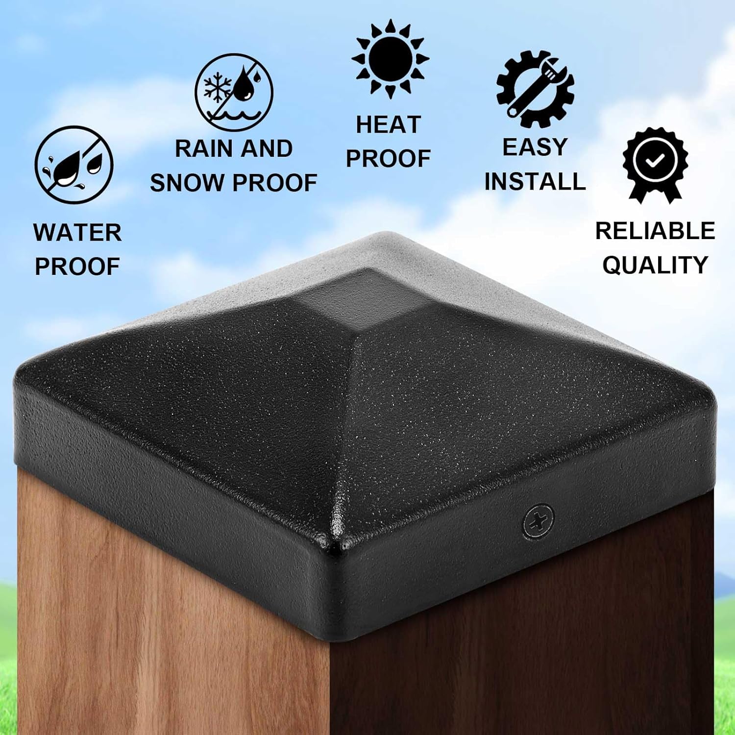 Pelopy 10 Pcs 4 x 4" Flat Pyramid Square Post Cap for True 3-1/2" x 3-1/2" Wood Posts Black Galvanized Powder Coated Steel Weatherproof Caps Cover for Decks, Porches, or Corridors Mailbox