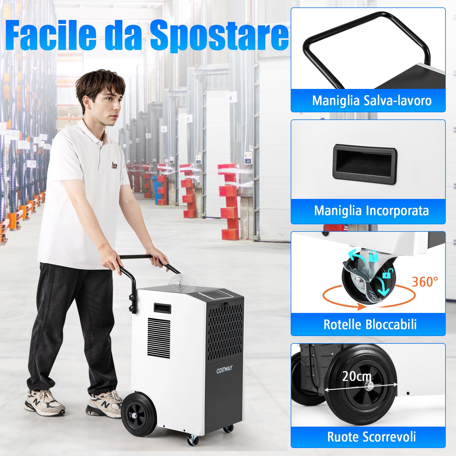 COSTWAY Deumidificatore Casa, Deumidificatore Elettrico con Tubo di Scarico e Timer, Portatile con Ruote per Cantina, Magazzino, Fabbrica e Grandi Spazi fino a 695 m³ (Bianco)