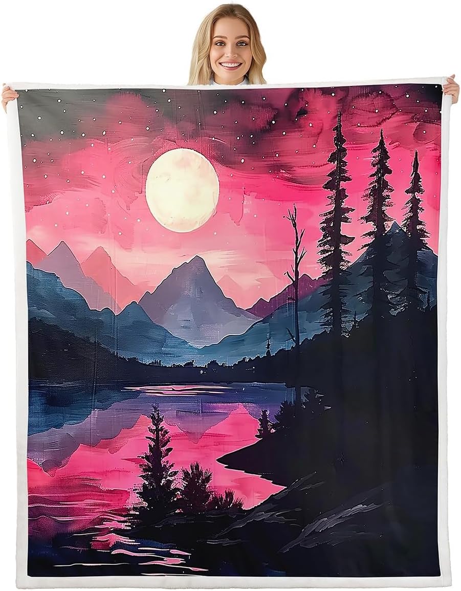 Landscape Painting Bed Blanket Kids Girls Pink Watercolor Sherpa Blanket Soft Cozy Lightweight Mountains Trees Moon Plush Fleece Ink Art Blanket Gifts for Bed Chair Office Sofa(Throw 50"x60")