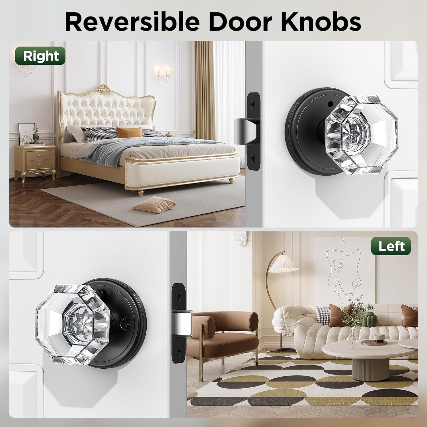 3 Pack Crystal Door Knob, Octagon Shaped Glass Door Knobs Interior with Lock, Matte Black Door Knobs Interior Glass