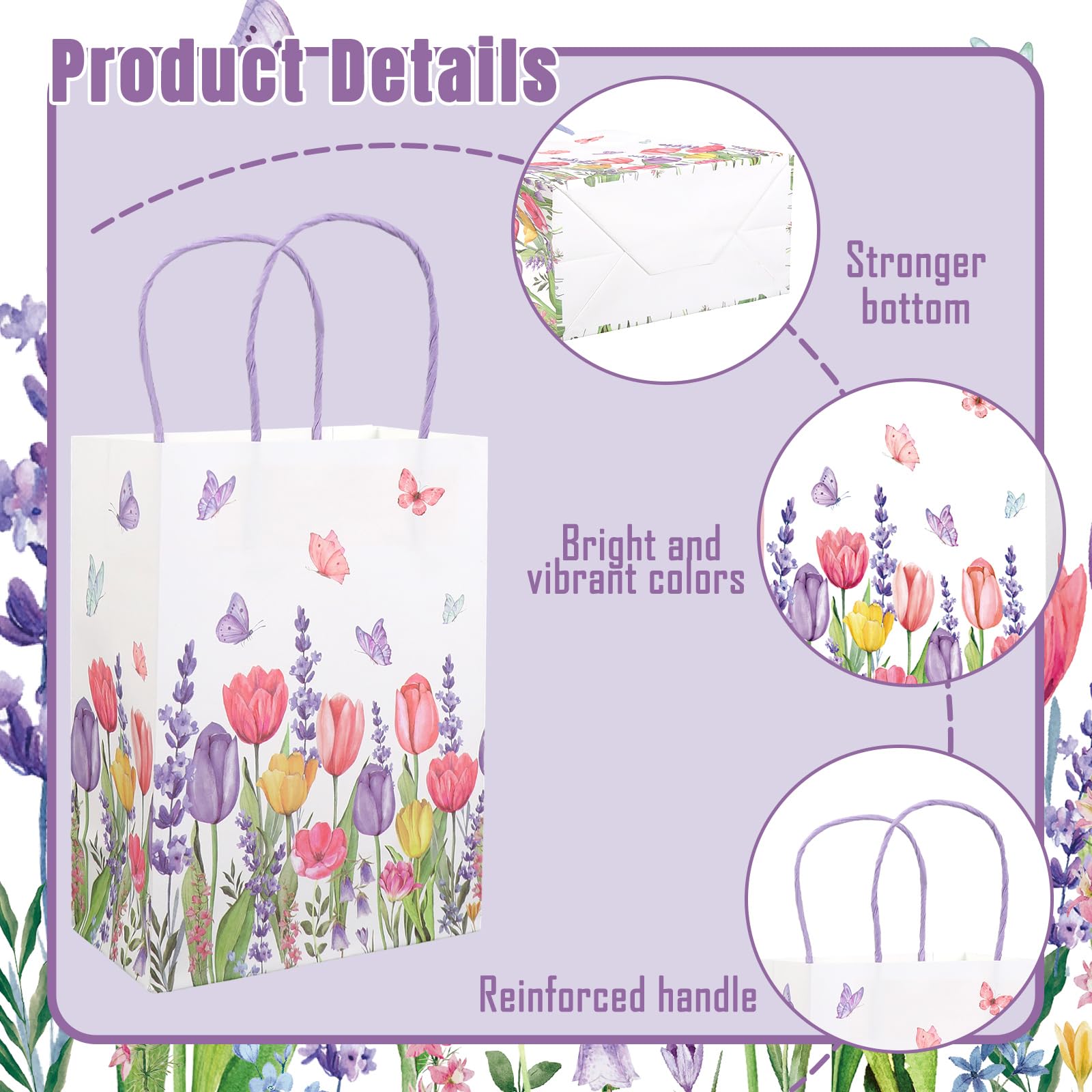 FYSUIMU 24 Pcs Tulips Lavender Floral Paper Gift Bags with 30 Purple Tissue Paper Watercolor Flower Butterfly Treat Bag with Handles for Birthday Baby Shower Wedding Party Favors