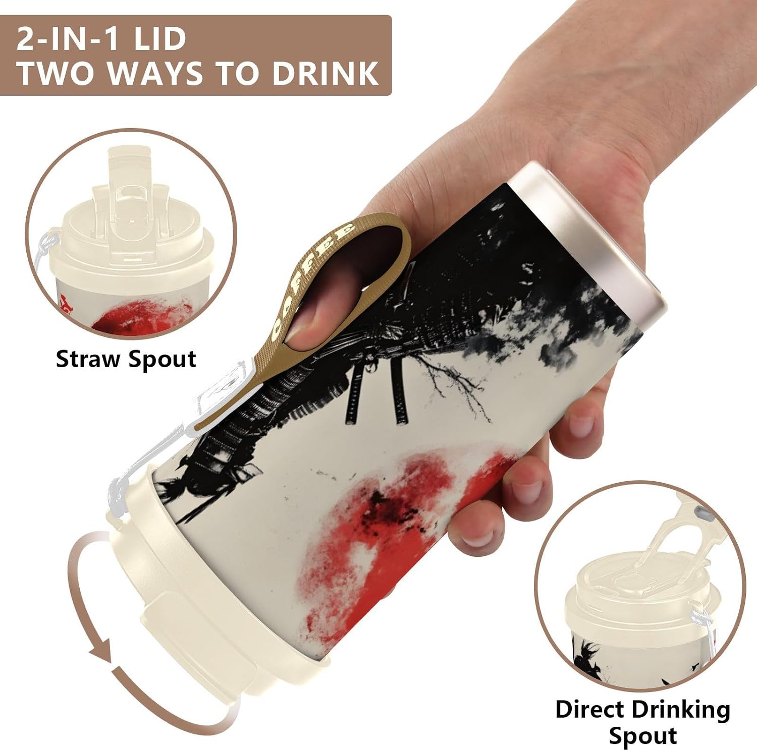 Samurai Japanese Moon Black Insulated Coffee Mug with Straw & Flip Lid, 16.9oz Iced Tumbler Cup, Double Wall Vacuum Mug for Travel Office