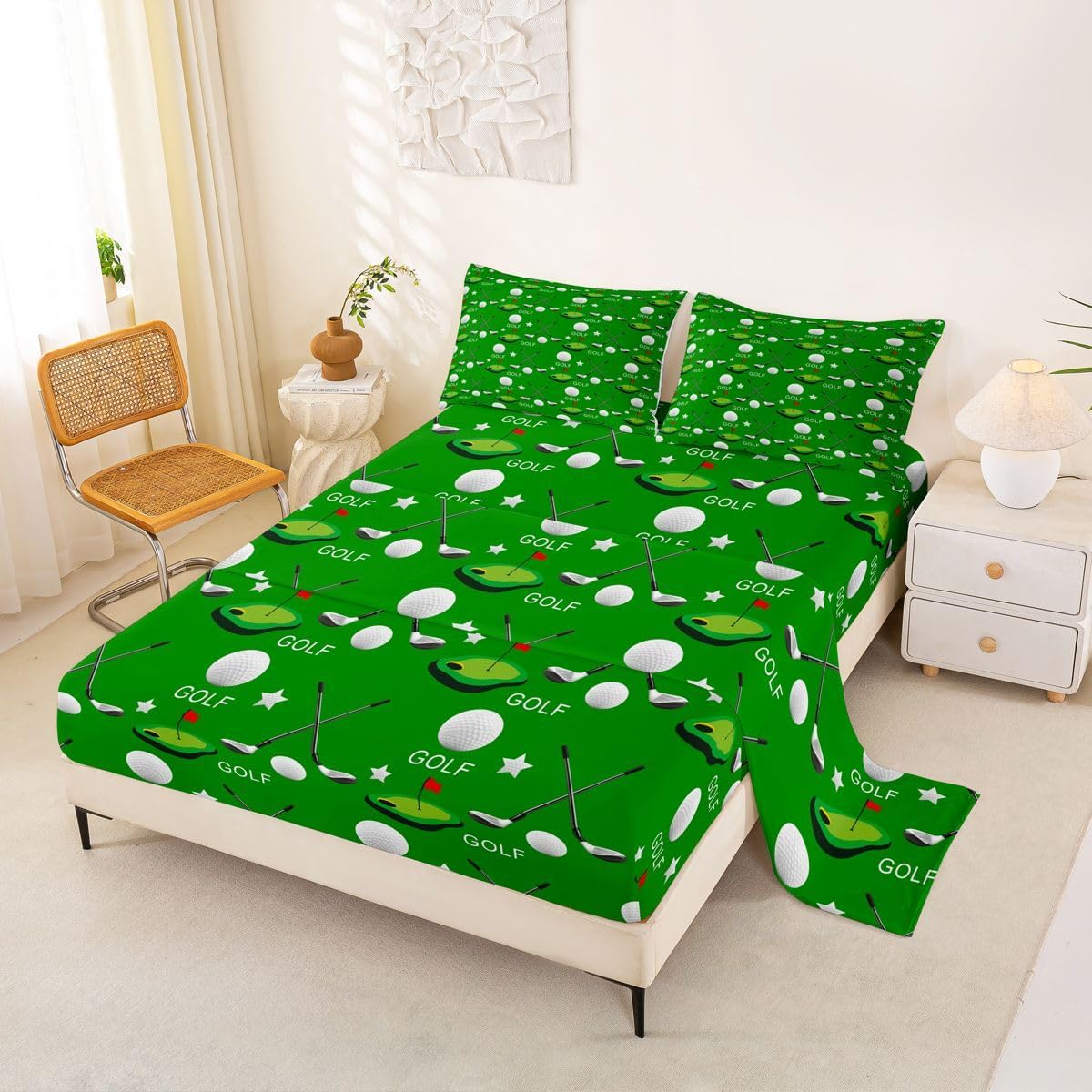 Manfei Golfs Kids Sheet Twin Size,Modern Ball Sports Games Fashion Bedding Set,Boys Girls Adults Room Decor,Golf Club Golf Lovers Green Bright Bed Sheet Set 3pcs(Fitted + Flat + 1 Pillowcase)