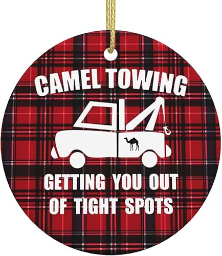 Camel Towing When It's Wedged in Tight We'll Pull It Out Christmas Tree Hanging Ceramic Round Christmas Ornaments Home Decor Indoor Outdoor