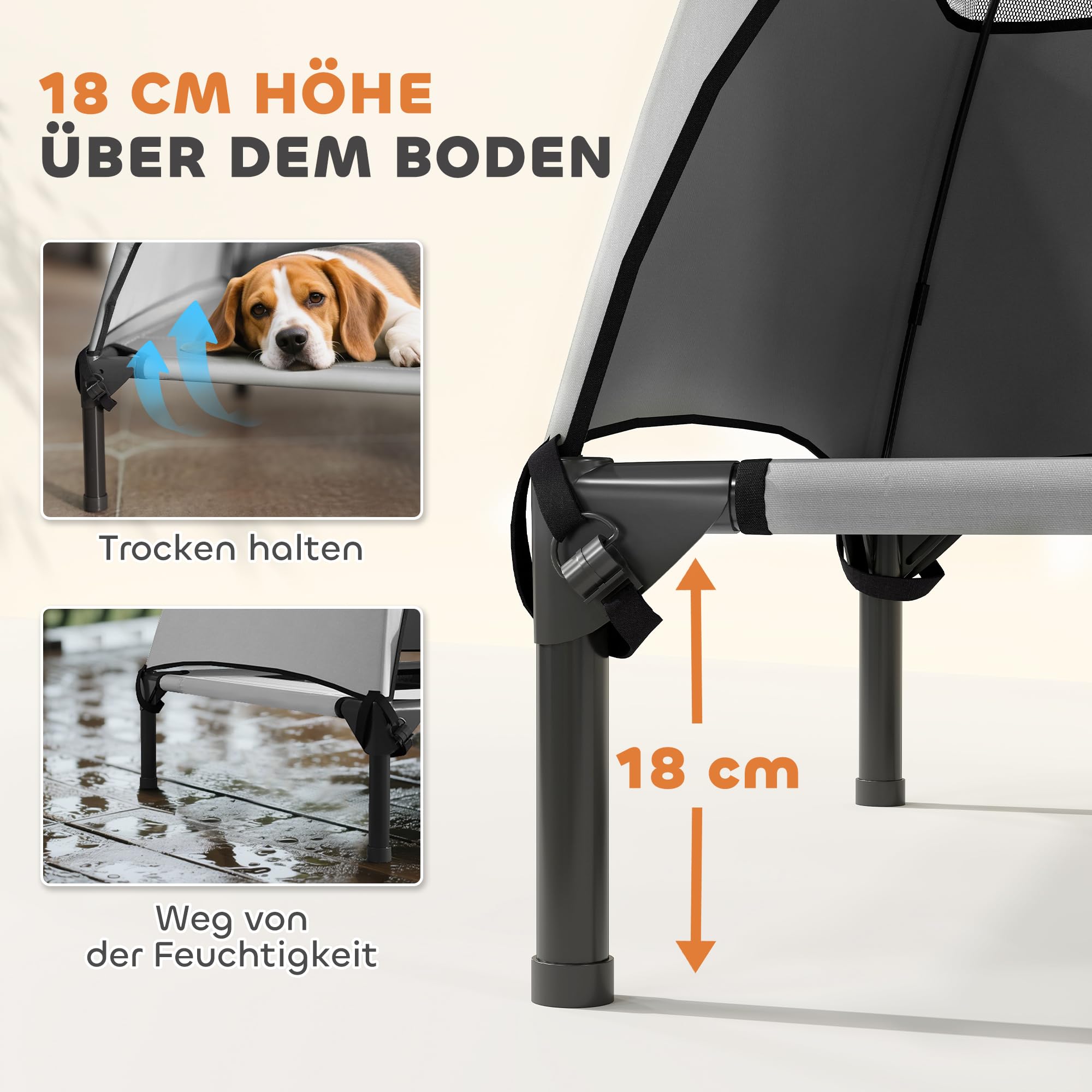 PawHut Hundeliege Outdoor mit Dach Erhöht Stahlrahmen 91x76x90cm Hellgrau