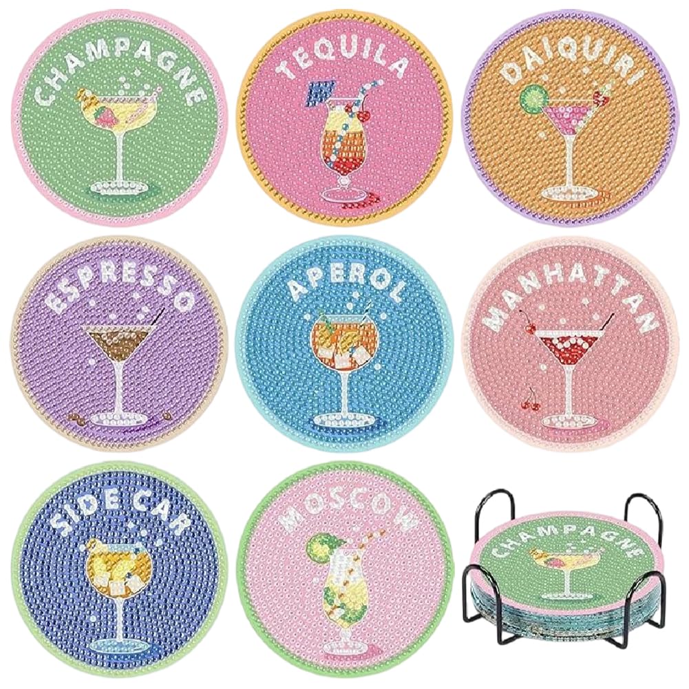 Vexthorion Cocktail Diamond Art Coasters Kits for Adult 8 Pack,Diamond Painting Coasters with Holder,DIY Cocktail Life Coaster Diamond Art Kits,Beginners Round Full Drill Diamonds Art Craft