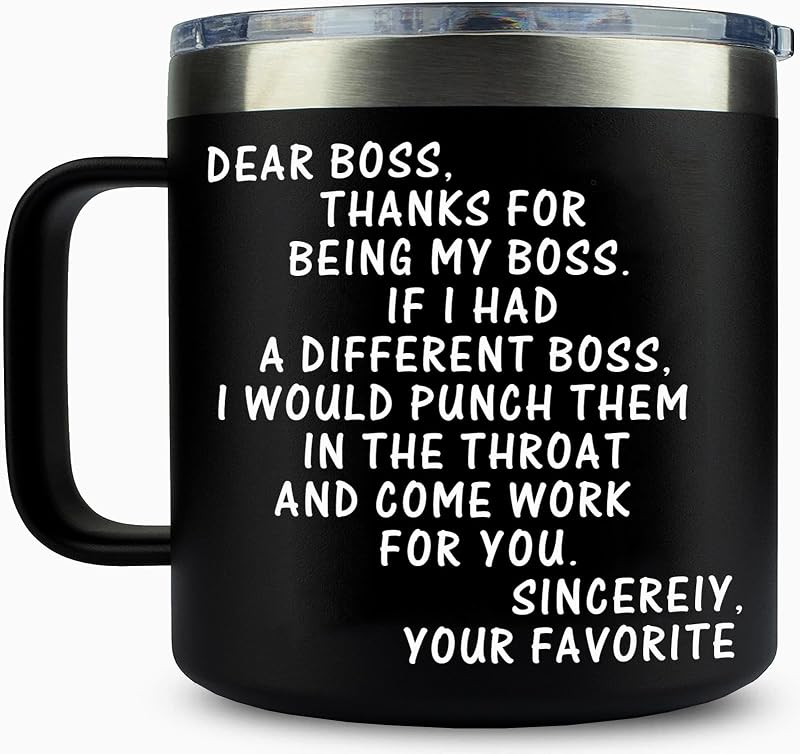Worlds Best Boss Mug 14oz Negro - Regalos de jefe para mujeres Hombres | Dear Boss Mug Punch Throat, Regalos divertidos para el día de los jefes de jubilación del trabajo de oficina