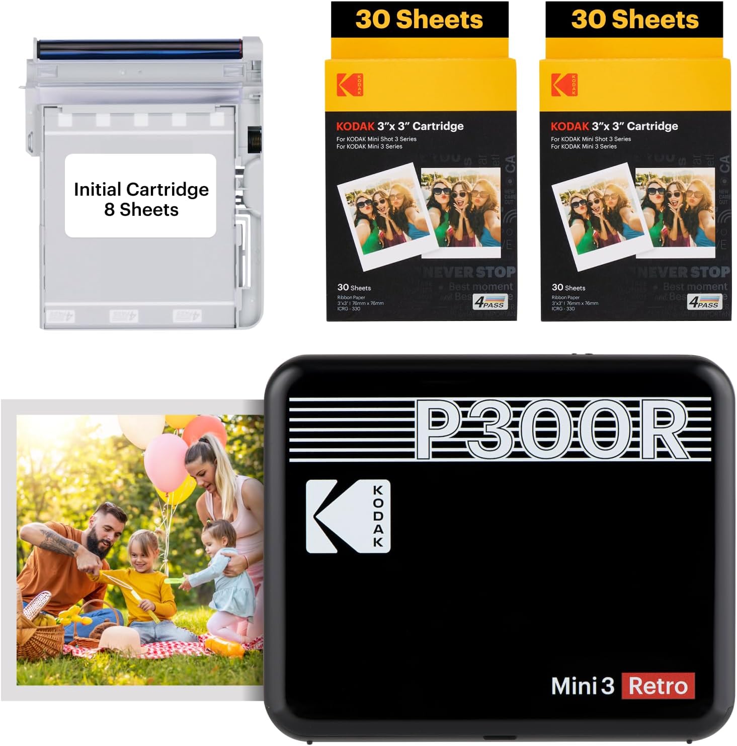 KODAK Mini 3 Retro 4PASS Portable Photo Printer (7.5 x 7.5 cm) + Pack of 68 Sheets, Black