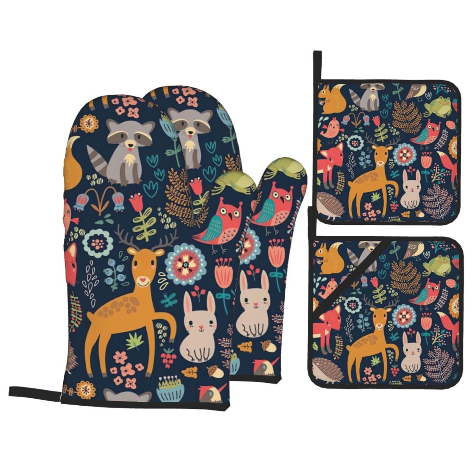 WHJSHOP Owl Rabbit Bird Fox Prints Kitchen Baking Throw Set with Heat Resistance, Waterproof Oven Mitts & Pot Holders for Cooking, Grilling & Handling Hot Dishes