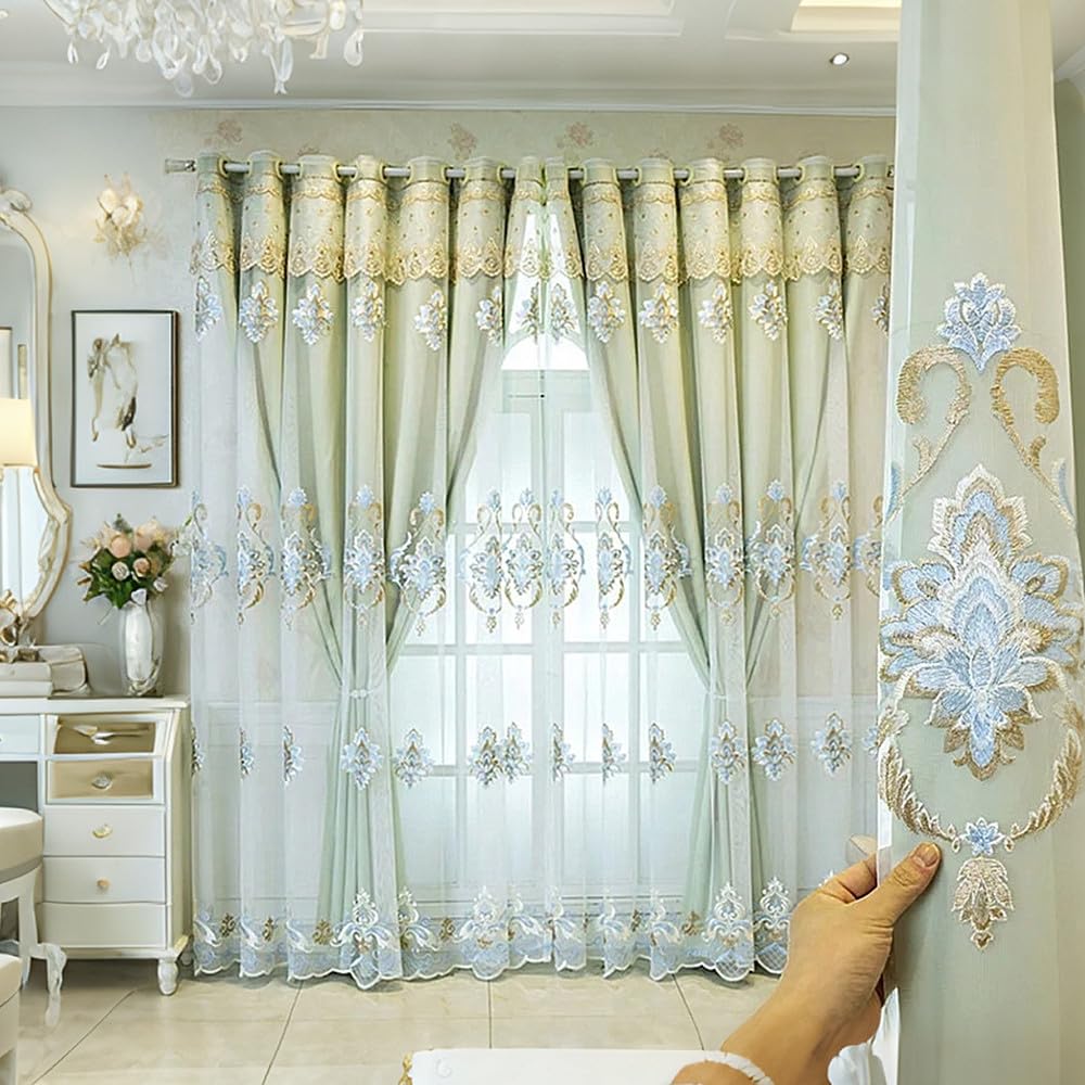 Amidoudou 1 Pair European Double Layer Curtains with Valances for Living Room Luxury Jacquard Curtains for Bedroom (Green,63x96 Inch)