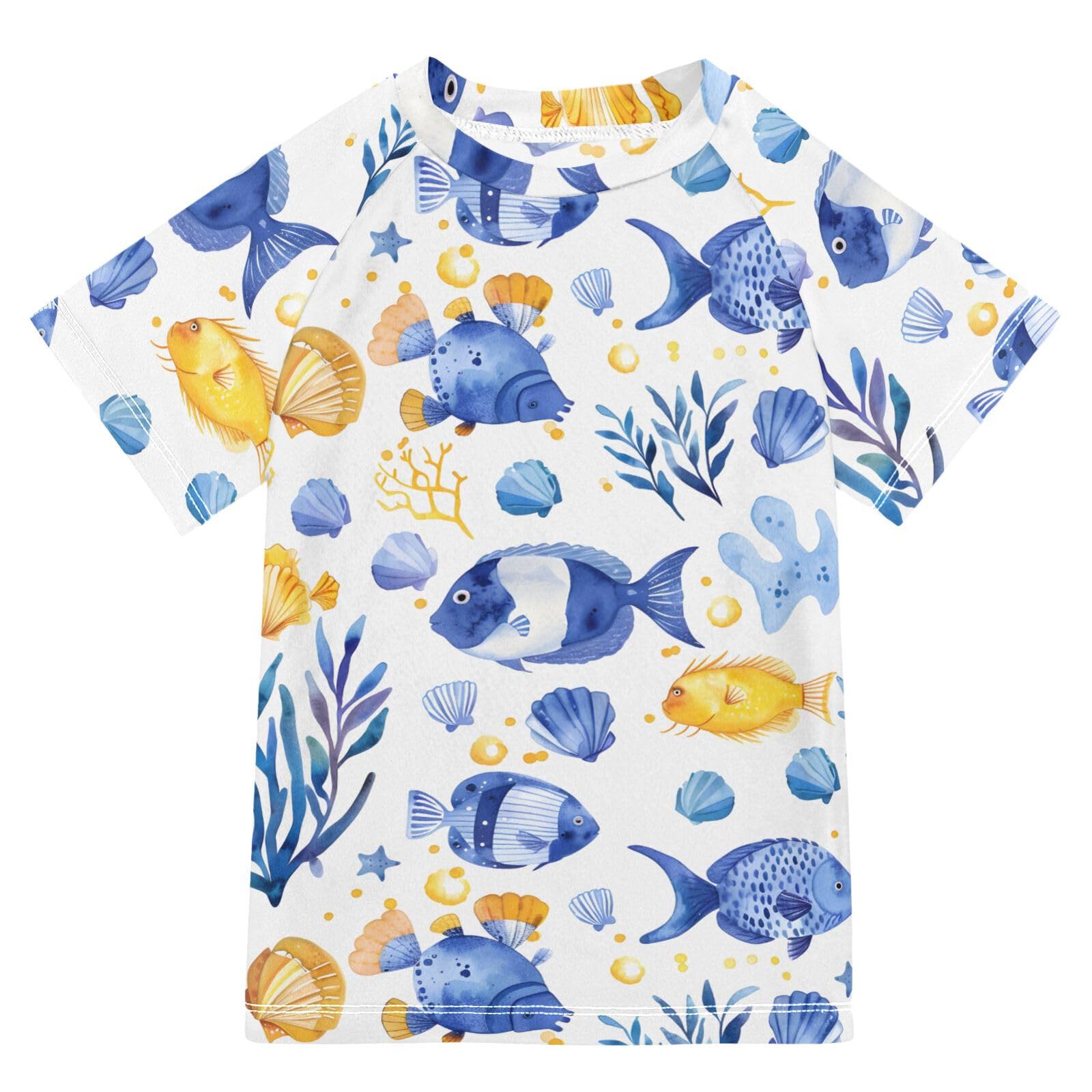 ALAZA Kids Rash Guard Boys Toddler Swim Shirts Short Sleeve Seaweeds Fish Seashells UPF 50+ 3T