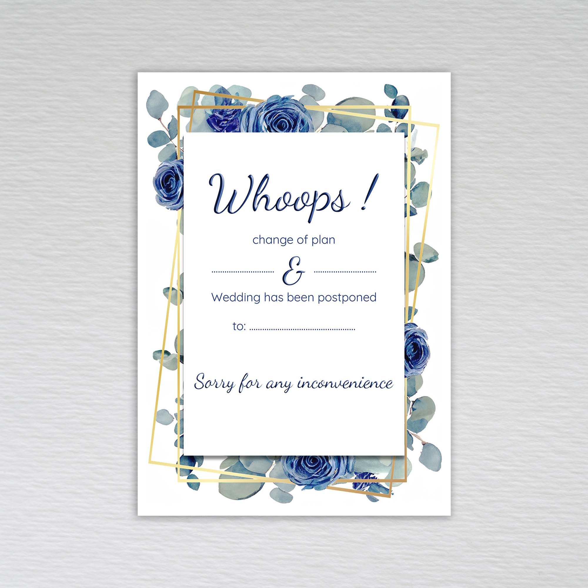 Pack of Change the Date Cards: Navy Rose with Dusty Blue Eucalyptus Wedding Postponal Cards (Pack of 50 without Envelopes)