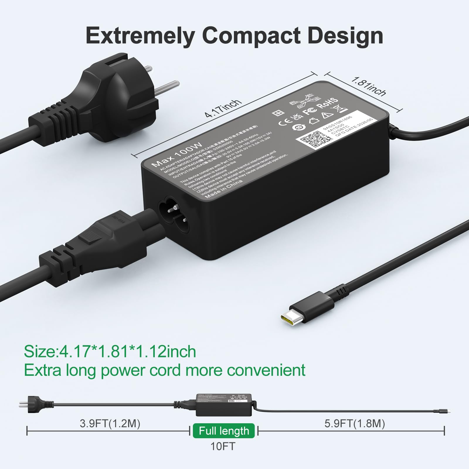 Chargeur USB C 100 W pour ordinateur portable MacBook - Chargeur rapide - Adaptateur secteur compatible avec MacBook Pro/Air 13, 14, 15, 16", MacBook Air 13" 2026/2025/2024 pour Lenovo/hp/Dell Asus