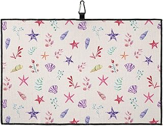 OComster Purple Seashell Golf Towel with Carabiner Clip, Starfish Oceans Colorful Flower Leaf Microfiber Waffle Pattern Golf Towel, Golf Accessories for Cleaning Clubs and Balls, 24x16 in