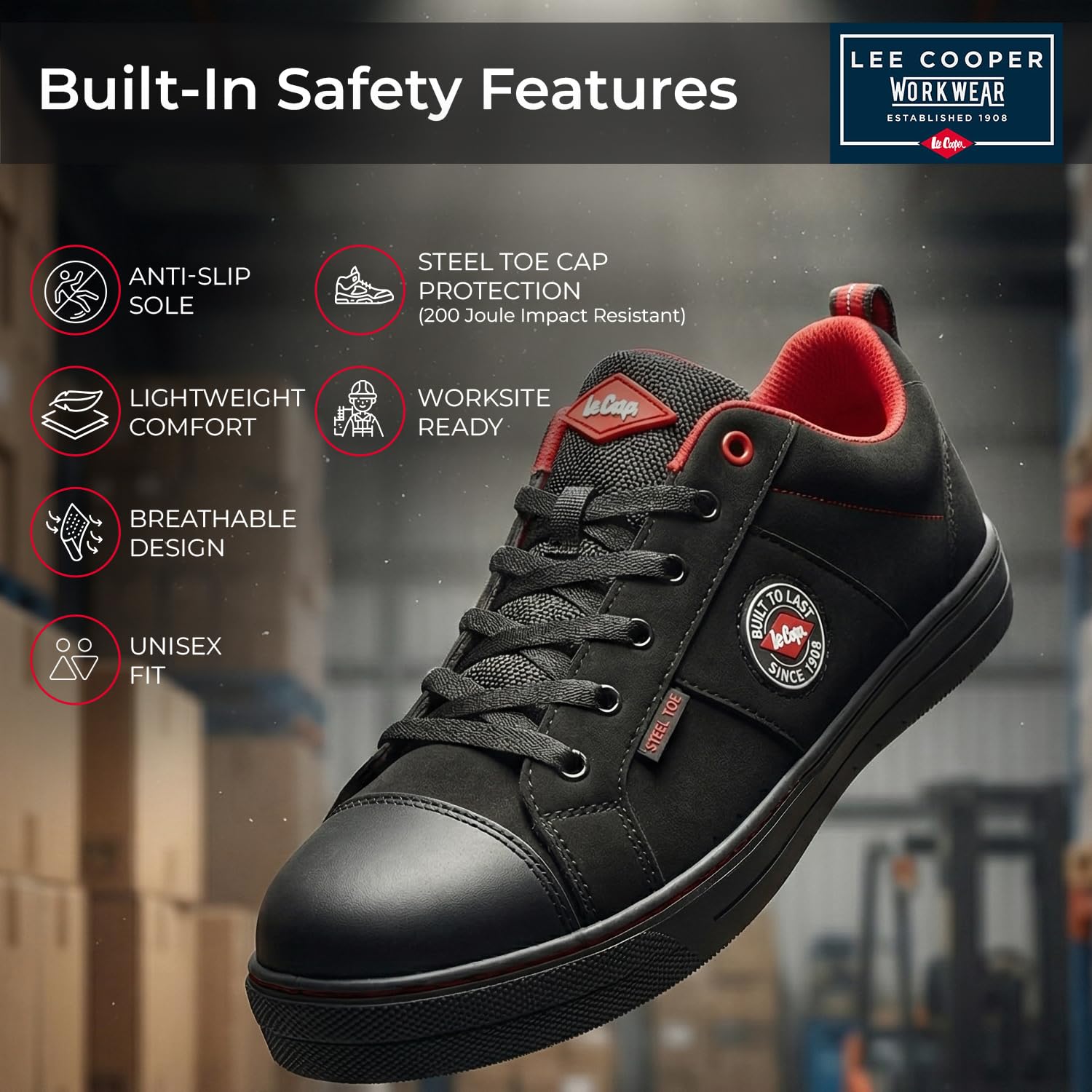 Lee Cooper ‎LCSHOE054 Unisexowe obuwie ochronne robocze SB/SRA w stylu retro baseball nowoczesny design buty robocze BHP, Czarny, 42 EU