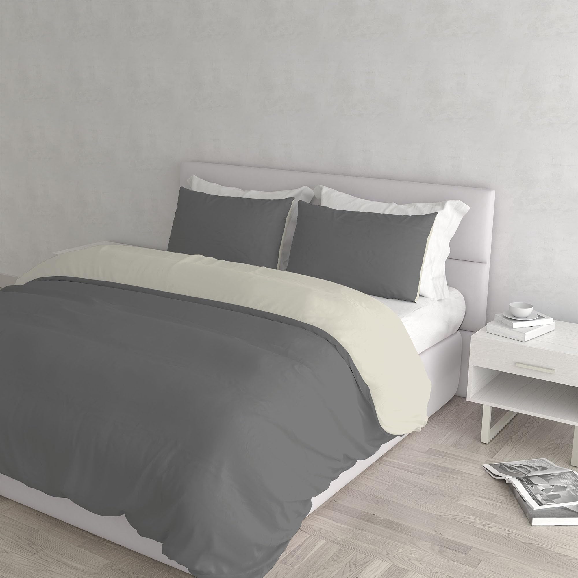 Italian Bed Linen Smoke Gray/Cream Natural Colour Duvet Cover Set, Double