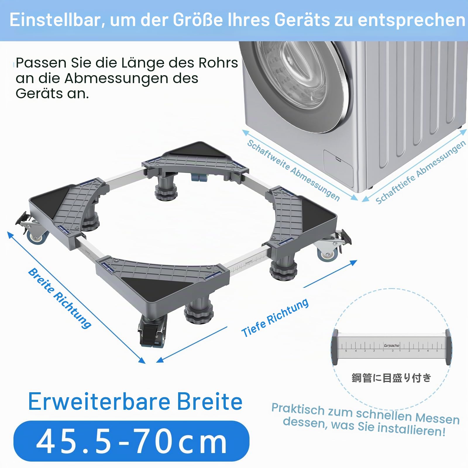 Waschmaschinen Untergestell mit 4 Füßen & 8 Feststellbaren Räder, Beweglich Waschmaschinensockel Podeste & Rahmen für Trockner, Kühlschrank Bärenlast 500KG(Grau, Einstellbare: 45.5-70cm)