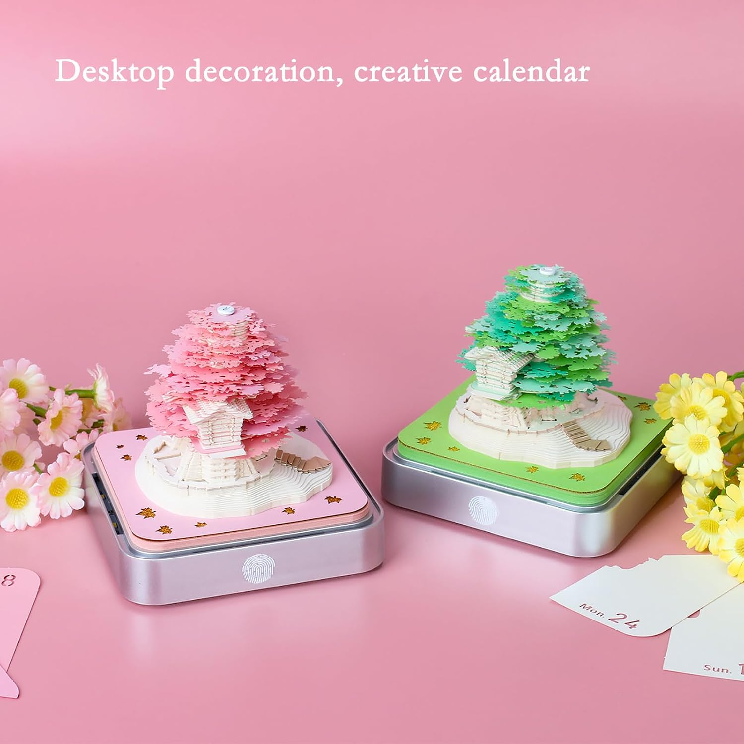 3D Art Calendar 2026,Time Piece Calendar, 2026 3D Desk Calendar Memo Pad with LED Lights,Creative DIY Notes Notepad, Craft Desktop Decoration Pink Romantic Tree Sculpture Gift