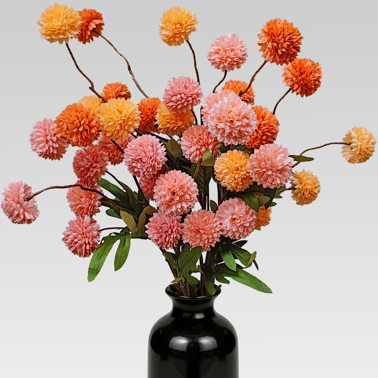 Kinisty 8 Stems Artificial Flowers Chrysanthemum Silk Faux Pompon Mums Bouquet with 52cm Long Stem, Pink Orange Yellow Fake Flowers for Home Decor Wedding Table Centerpiece Vase Fillers