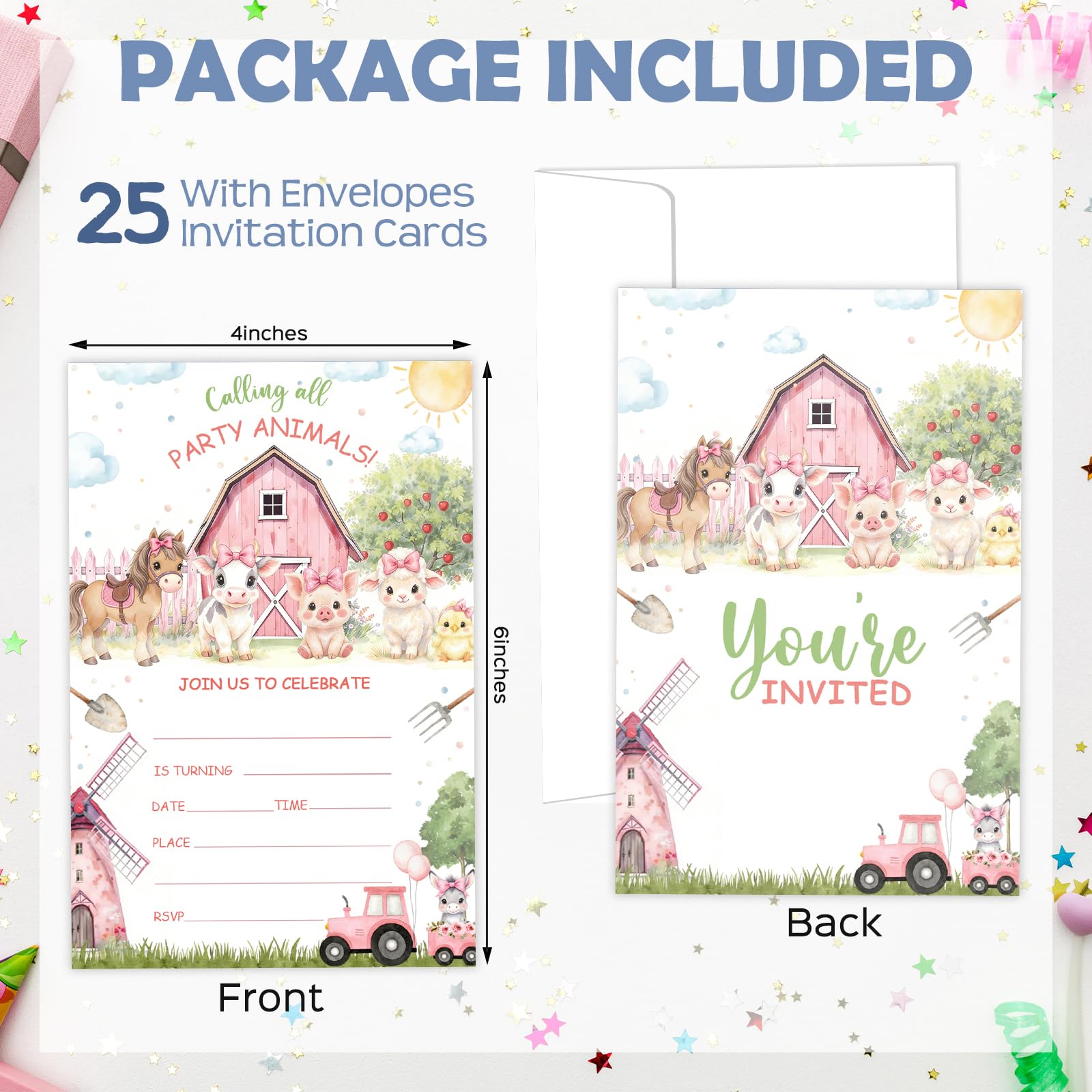 25 zaproszeń urodzinowych, zaproszenia na imprezę wiejską z kopertami dla dziewcząt i chłopców, przyjęcie urodzinowe i dekoracja (10 x 15 cm) - B05