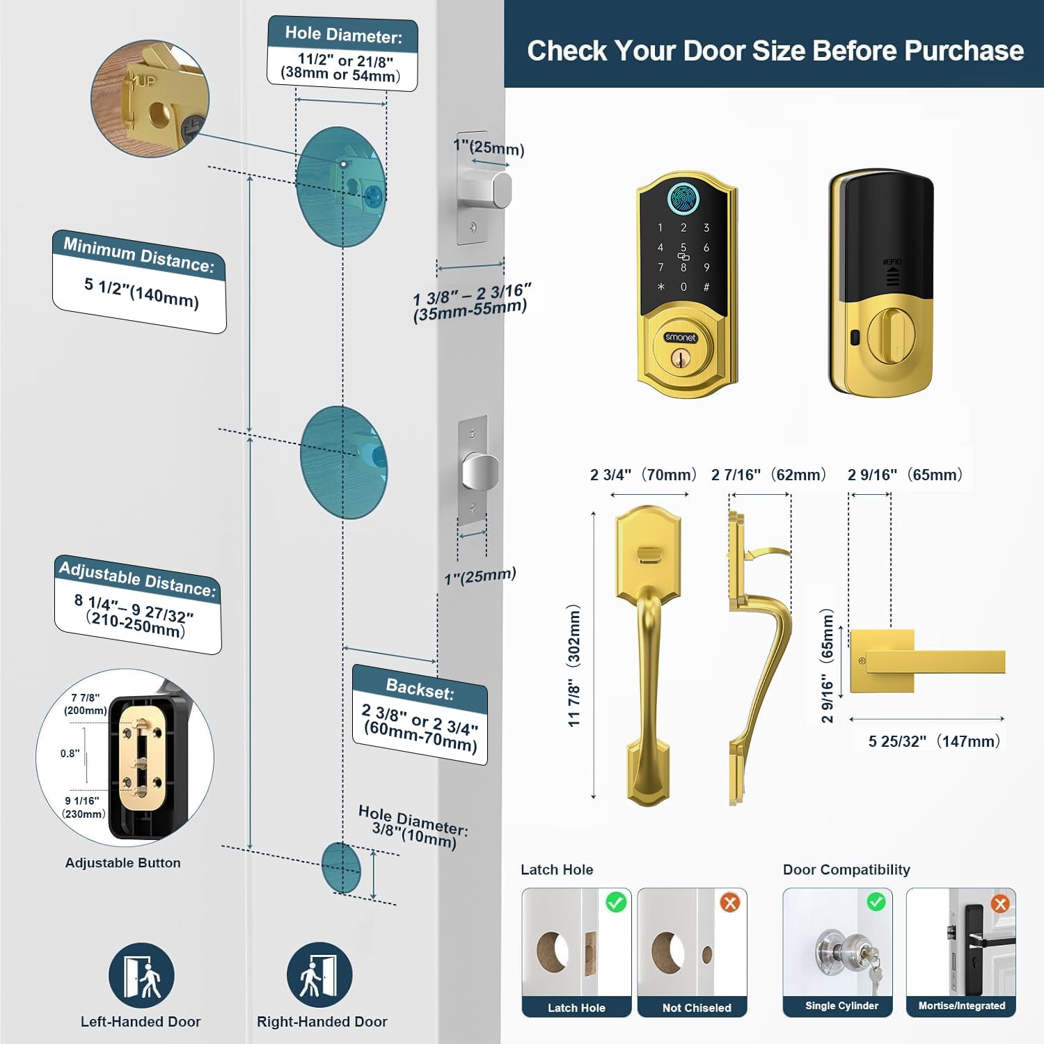 SMONET Cerradura inteligente para puerta delantera con asa, juego de cerradura de puerta de entrada sin llave, cerrojo inteligente de huellas dactilares con aplicación Bluetooth, teclado electrónico