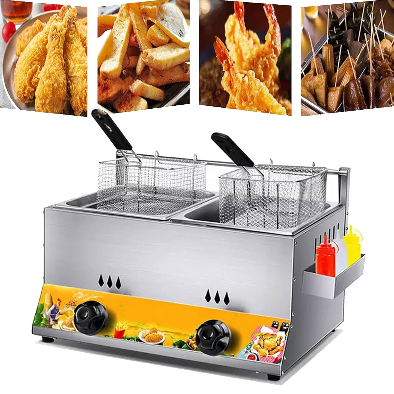 PixCy Freidora de Gas de Mesa de Acero Inoxidable, Doble Tanque de Capacidad de 12 litros, con 2 canastas y aderezos, Cocina Industrial Comercial o Uso doméstico,2tank