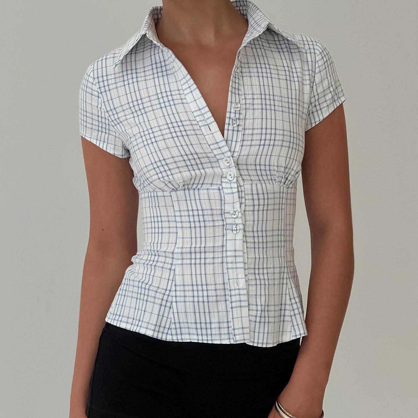 Y2k Girls Vintage Coquette Button Down Shirt Women Short Sleeve V-Neck Slim Fitted T-Shirt Cute Blouse Crop Top: Blue #D Large