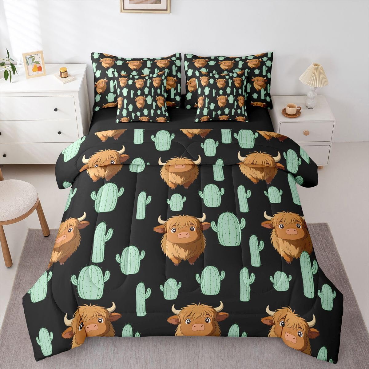 Erosebridal Highland Cow Queen Comforter Set 7 Piece Western Cow Cactus Comforter Set Cattle Wildlife Tropical Bedding Sets for Kids Girls Rustic Southwest Farmhouse Sheet Set with Comforter