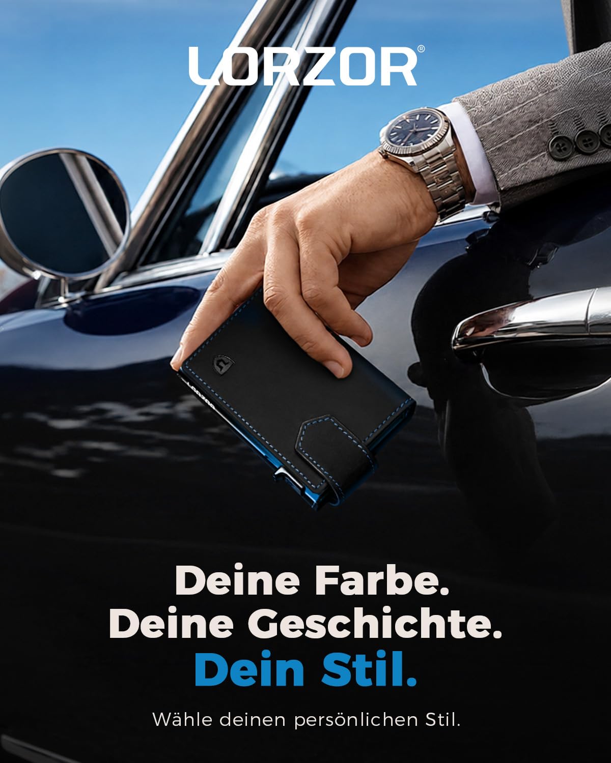 LORZOR Kartenetui mit Magnetischer Verschluss, Slim Wallet mit Münzfach, Geldbörse Herren RFID Schutz, Portmonee Herren Portemonnaie für 10 Karten, Smart Wallet, Geldbeutel (Blau-Schwarz)