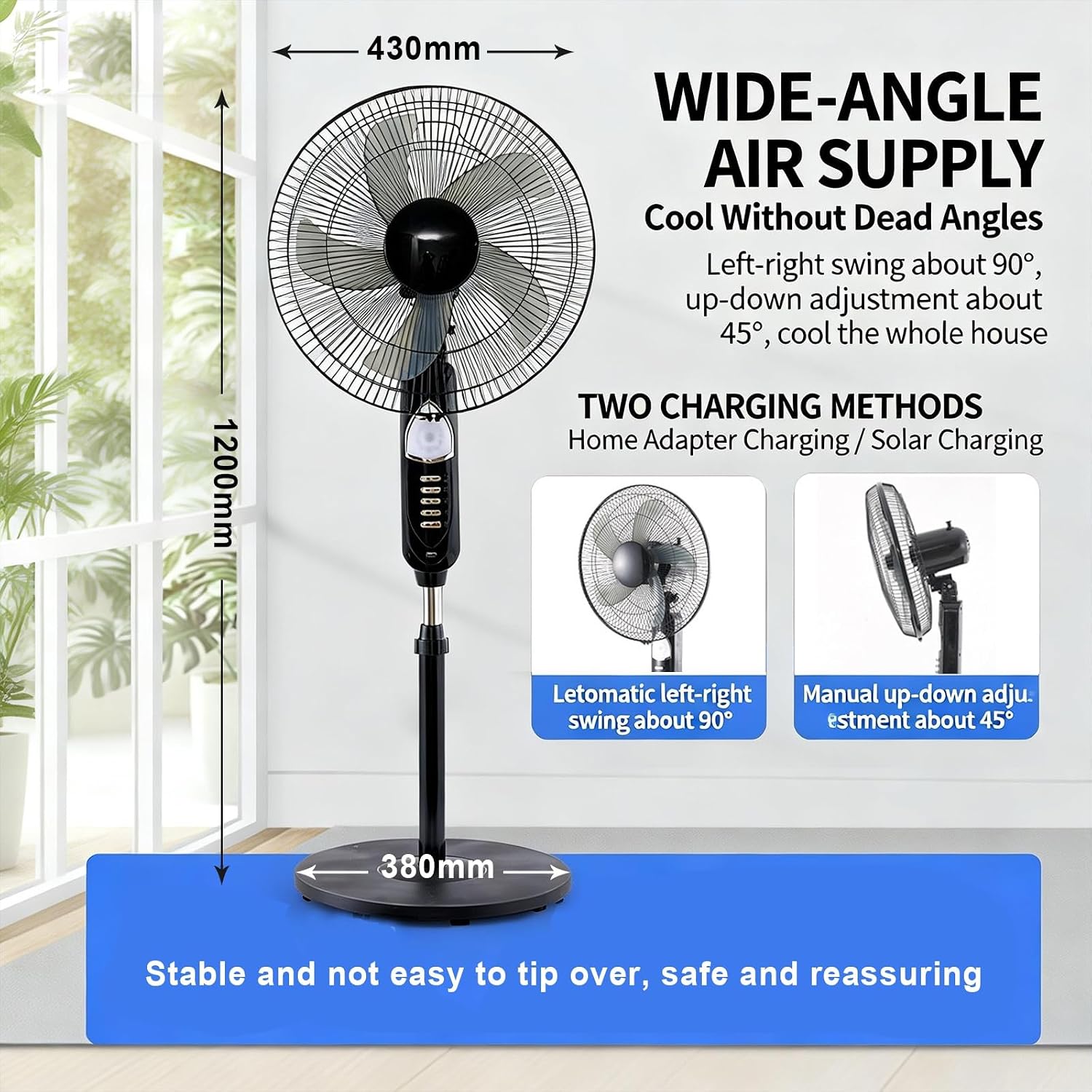 16" Solar Powered Floor Fan, 12V Rechargeable Pedestal Fan, High Velocity Strong Wind, 3 Speeds, Quiet Wide-Angle Oscillation For Indoor, Home, Greenhouse，Outdoor & Camping