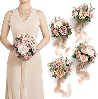 Ling's moment Champagne Gold Bridesmaid Bouquet Set of 4, Gold & Cream Wedding Bouquets for Bridesmaids, Sand Dun 7 Inch Bridal Bouquets for Bridesmaids, Wedding, Ceremony, Anniversary, etc.
