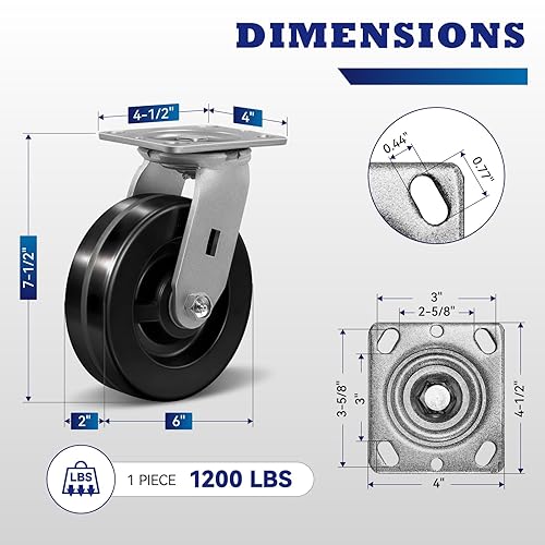 Miniatura 2 de Ruedas de alta resistencia de 6 x 2 pulgadas, ruedas industriales con gran capacidad de 1200 libras, resistencia a altas temperaturas -50f a +250f.