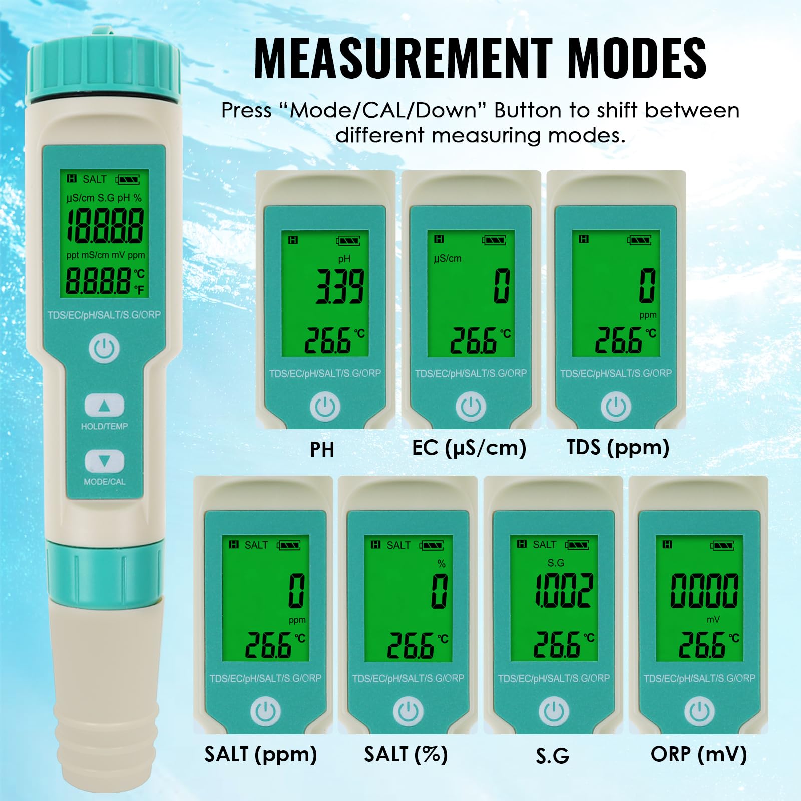 miernik pH wody: cyfrowy tester wody 7 w 1 z pomiarem pH, TDS, EC, ORP, soli, S.G i temperatury, tester pH w kształcie długopisu, miernik ppm z buforem pH, idealny do wody pitnej, basenów,